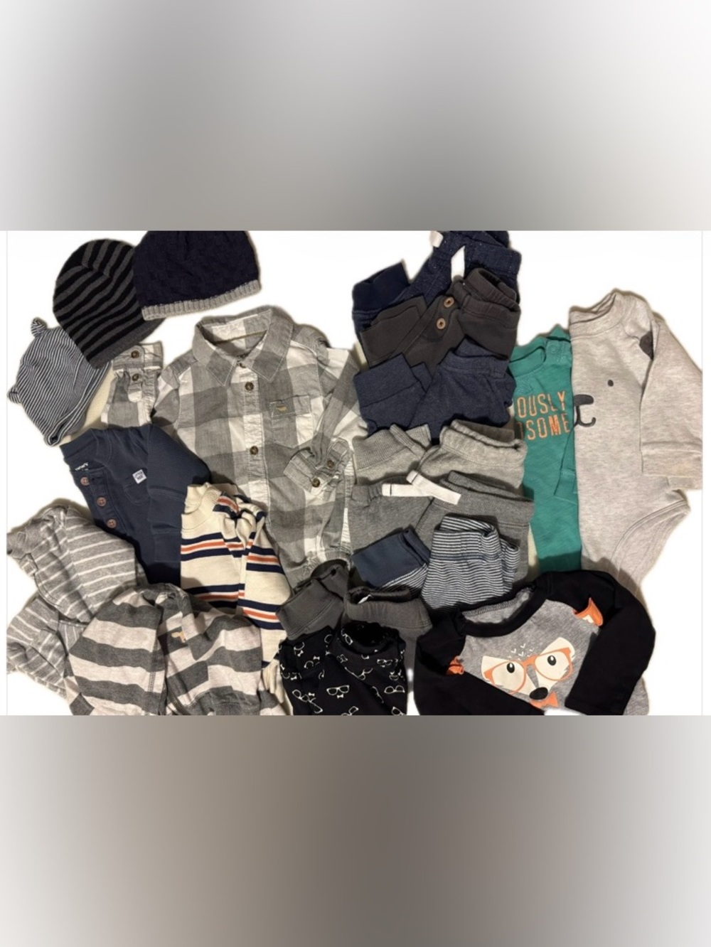 16 pcs Baby Boy Clothes Fox Raccoon Puppy Stripes Plaid 6m Grey White Blues Red